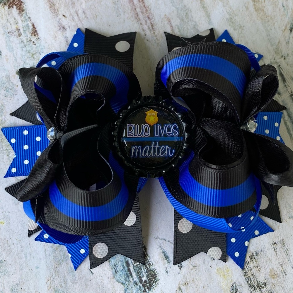 Thin Blue Line Police Bow; Blue Stripe Bow; Police Daughter Hair Bow